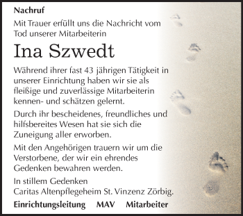 Traueranzeige von Ina Szwedt von Mitteldeutsche Zeitung