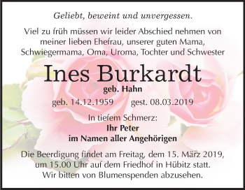 Traueranzeige von Ines Burkardt von Mitteldeutsche Zeitung