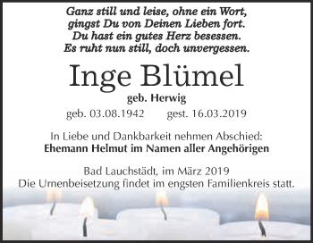 Traueranzeige von Inge Blümel von WVG - Wochenspiegel Merseburg