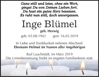 Traueranzeige von Inge Blümel von Mitteldeutsche Zeitung Merseburg/Querfurt