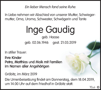 Traueranzeige von Inge Gaudig von Mitteldeutsche Zeitung Weißenfels