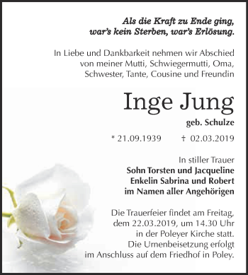 Traueranzeige von Inge Jung von Super Sonntag Bernburg