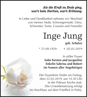 Traueranzeige von Inge Jung von Mitteldeutsche Zeitung Bernburg