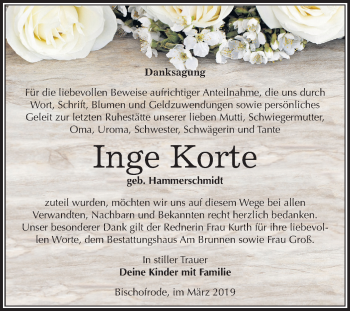 Traueranzeige von Inge Korte von Mitteldeutsche Zeitung Mansfelder Land