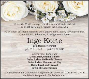 Traueranzeige von Inge Korte von Super Sonntag SGH Mansf. Land