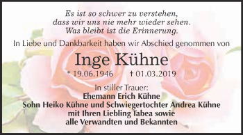 Traueranzeige von Inge Kühne von WVG - Wochenspiegel Dessau / Köthen