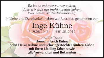 Traueranzeige von Inge Kühne von Mitteldeutsche Zeitung Dessau-Roßlau