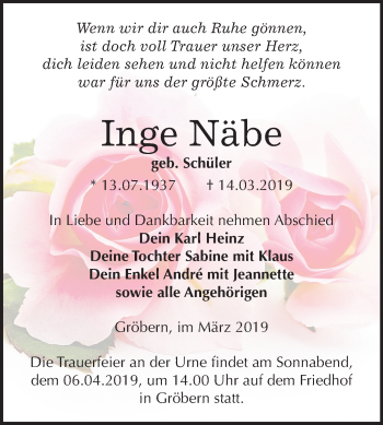 Traueranzeige von Inge Näbe von Mitteldeutsche Zeitung Bitterfeld