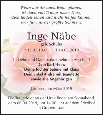 Traueranzeige von Inge Näbe von WVG - Wochenspiegel Bitterfeld