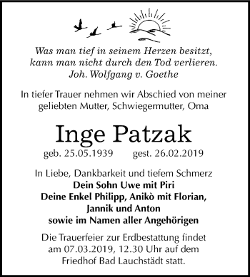 Traueranzeige von Inge Patzak von Mitteldeutsche Zeitung