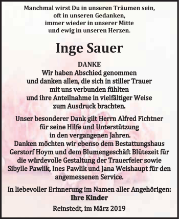 Traueranzeige von Inge Sauer von Super Sonntag Aschersleben