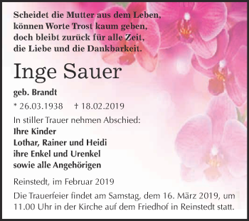 Traueranzeige von Inge Sauer von Super Sonntag Aschersleben