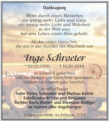 Traueranzeige von Inge Schroeter von WVG - Wochenspiegel Merseburg