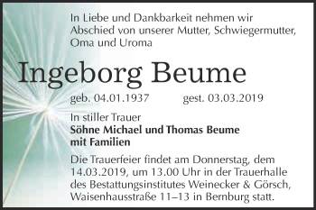 Traueranzeige von Ingeborg Beume von Super Sonntag Bernburg