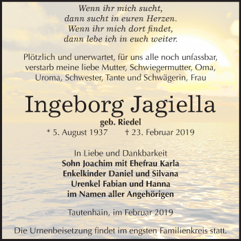 Traueranzeige von Ingeborg Jagiella von Mitteldeutsche Zeitung