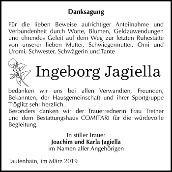 Traueranzeige von Ingeborg Jagiella von Mitteldeutsche Zeitung