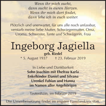 Traueranzeige von Ingeborg Jagiella von WVG - Wochenspiegel NMB / WSF / ZTZ