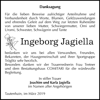 Traueranzeige von Ingeborg Jagiella von WVG - Wochenspiegel NMB / WSF / ZTZ