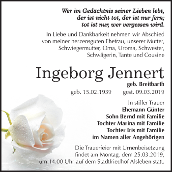Traueranzeige von Ingeborg Jennert von Mitteldeutsche Zeitung Bernburg