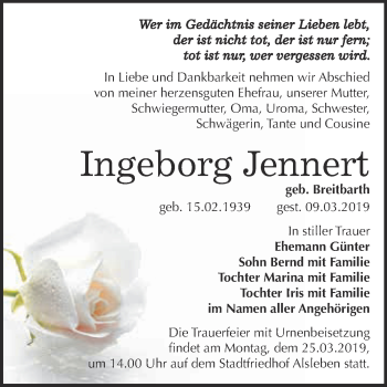 Traueranzeige von Ingeborg Jennert von Super Sonntag Bernburg