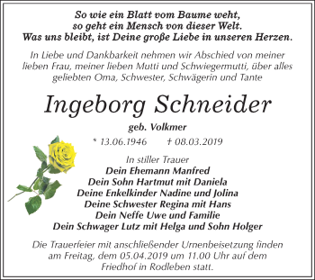 Traueranzeige von Ingeborg Schneider von Mitteldeutsche Zeitung