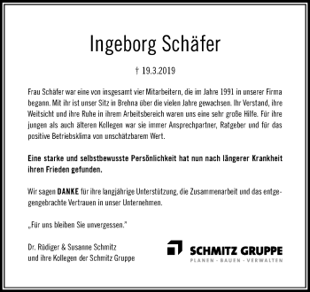 Traueranzeige von Ingeborg Schäfer von Mitteldeutsche Zeitung Bitterfeld