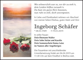 Traueranzeige von Ingeborg Schäfer von Mitteldeutsche Zeitung Bitterfeld