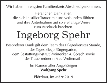 Traueranzeige von Ingeborg Spehr von Super Sonntag Bernburg