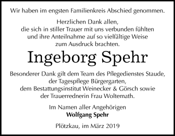 Traueranzeige von Ingeborg Spehr von Mitteldeutsche Zeitung Bernburg