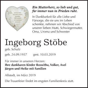 Traueranzeige von Ingeborg Stöbe von Mitteldeutsche Zeitung