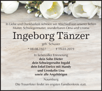 Traueranzeige von Ingeborg Tänzer von Mitteldeutsche Zeitung