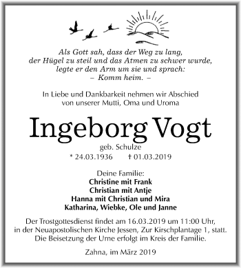 Traueranzeige von Ingeborg Vogt von Mitteldeutsche Zeitung