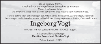 Traueranzeige von Ingeborg Vogt von WVG - Wochenspiegel Wittenberg