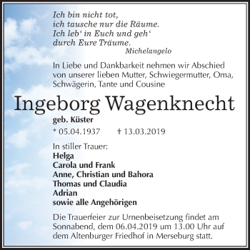 Traueranzeige von Ingeborg Wagenknecht von Mitteldeutsche Zeitung Merseburg/Querfurt