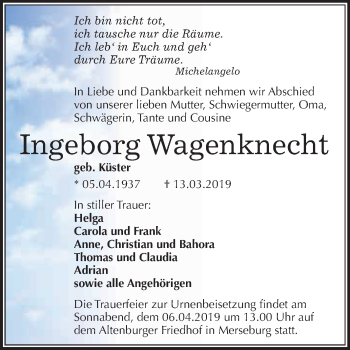 Traueranzeige von Ingeborg Wagenknecht von WVG - Wochenspiegel Merseburg