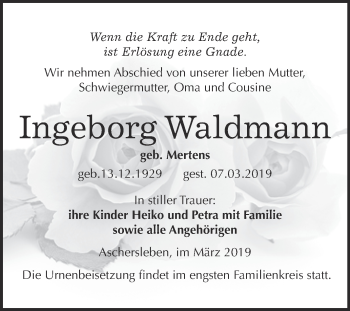 Traueranzeige von Ingeborg Waldmann von Super Sonntag Aschersleben
