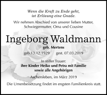 Traueranzeige von Ingeborg Waldmann von Mitteldeutsche Zeitung Aschersleben