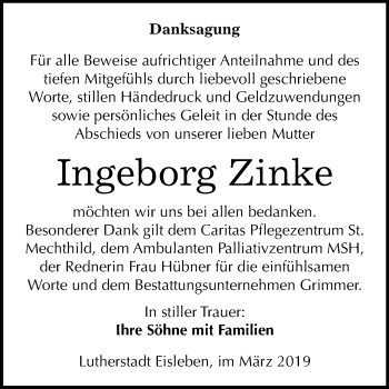 Traueranzeige von Ingeborg Zinke von Mitteldeutsche Zeitung