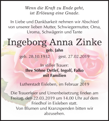 Traueranzeige von Ingeborg Anna Zinke von Mitteldeutsche Zeitung Mansfelder Land