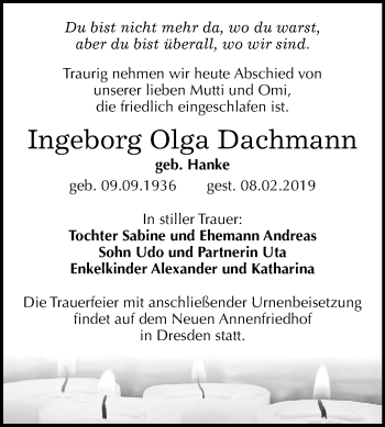 Traueranzeige von Ingeborg Olga Dachmann von Mitteldeutsche Zeitung Bitterfeld