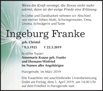 Traueranzeige von Ingeburg Franke von WVG - Wochenspiegel Quedlinburg