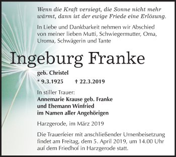 Traueranzeige von Ingeburg Franke von Mitteldeutsche Zeitung Quedlinburg