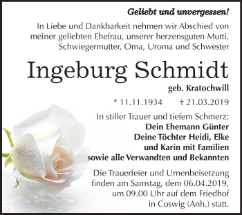 Traueranzeige von Ingeburg Schmidt von Mitteldeutsche Zeitung