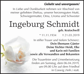 Traueranzeige von Ingeburg Schmidt von WVG - Wochenspiegel Dessau / Köthen
