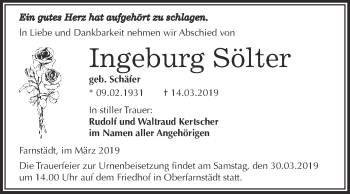 Traueranzeige von Ingeburg Sölter von WVG - Wochenspiegel Merseburg