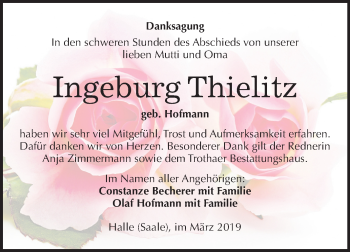 Traueranzeige von Ingeburg Thielitz von Mitteldeutsche Zeitung Halle/Saalkreis