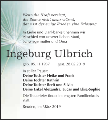 Traueranzeige von Ingeburg Ulbrich von WVG - Wochenspiegel Bitterfeld
