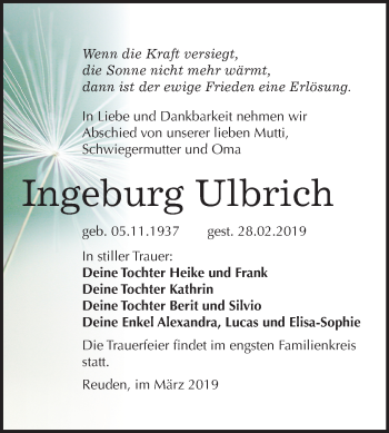 Traueranzeige von Ingeburg Ulbrich von Mitteldeutsche Zeitung