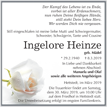 Traueranzeige von Ingelore Heinze von Mitteldeutsche Zeitung Aschersleben