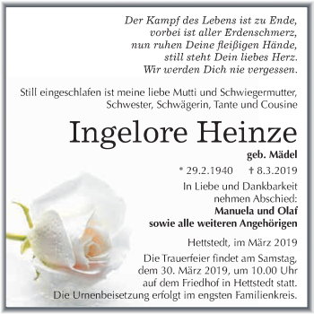 Traueranzeige von Ingelore Heinze von Super Sonntag SGH Mansf. Land